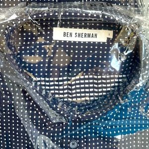 Ben Sherman deep navy blue with white polka dot men’s long sleeve dress shirt